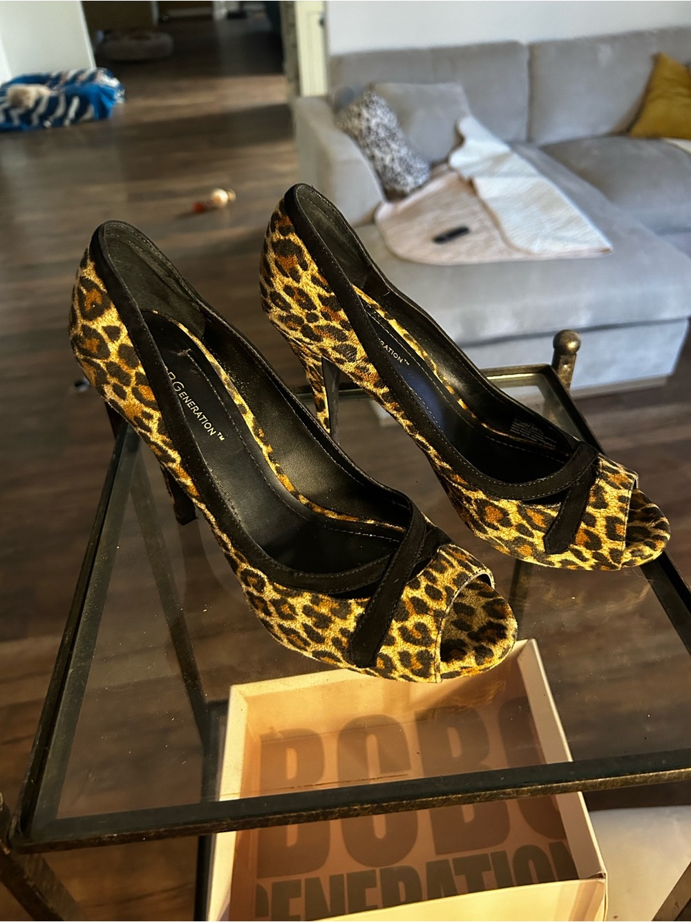 BCBGeneration Leopard Print Peep-Toe Heels in Black and Brown